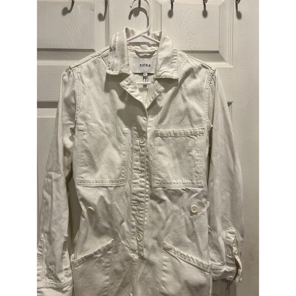 Pistola Freda White Denim Long Sleeve Button Front Romper Women’s Sz Small - Picture 3 of 10